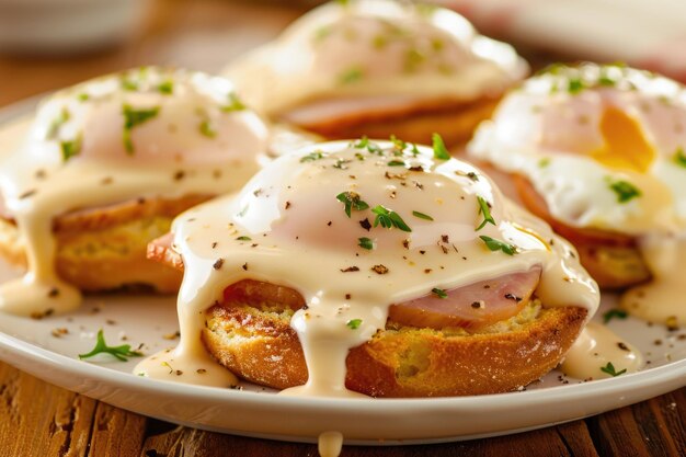 Eggs Benedict on toasted muffins with ham and sauce