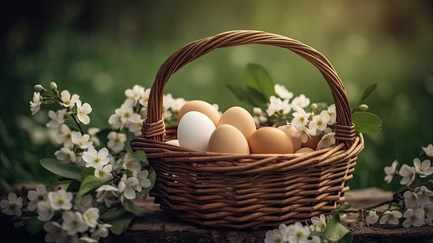 Eggs in a birch bark basket and a linen cloth on a dark background