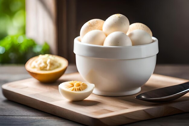 Eggs in a bowl on a cutting board