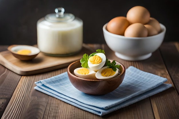 eggs in a bowl with a bowl of eggs on a table.