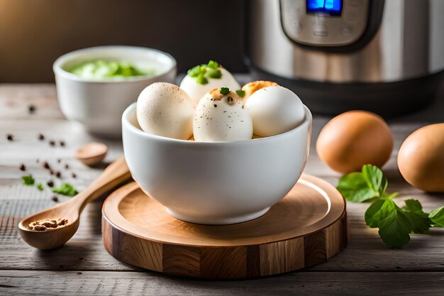 Eggs in a bowl with eggs on a wooden tray.