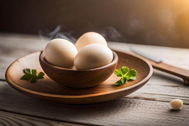 eggs in a bowl with a green leaf on the side