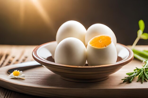 eggs in a bowl with an orange slice on the table.