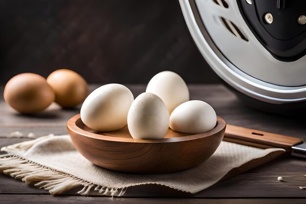 eggs in a bowl with a pan of water and a black background.