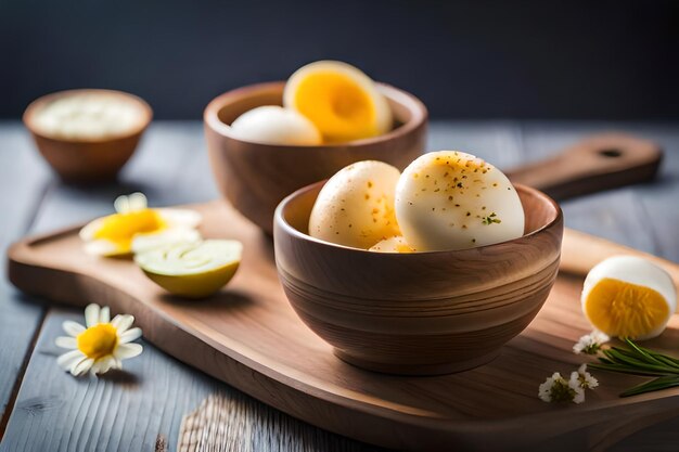 Eggs in a bowl with a slice of lemon on the side