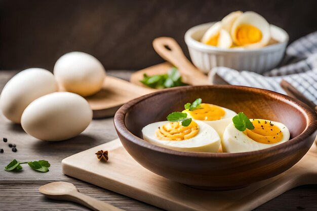 eggs in a bowl with a wooden board on the background