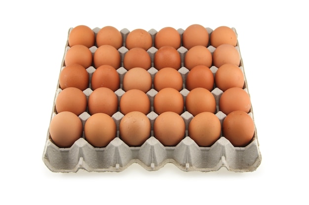 Eggs in carton box . close up brown fresh thirty (30) chicken eggs in packaging isolated on white background.