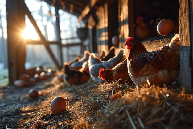 Foto uova e pollo in fattoria