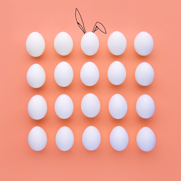 색상 배경에 계란, 평평한 위치.