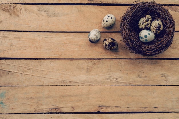 Eggs easter and nest on wooden table and background with copy space