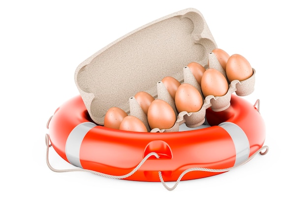 Eggs in an egg carton inside lifebuoy 3D rendering