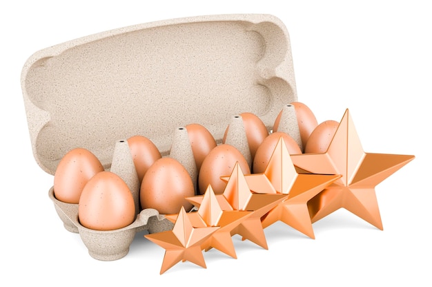 5개의 황금 별 3D 렌더링이 있는 계란 상자에 있는 계란