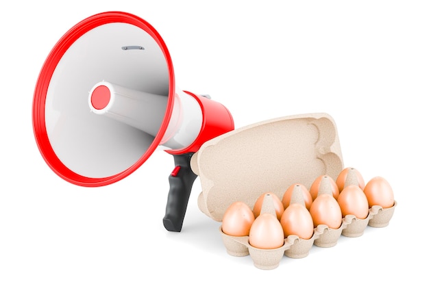 Eggs in an egg carton with megaphone 3D rendering