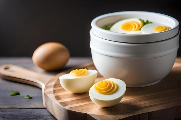 Photo eggs and eggs are on a wooden board with an egg in the middle.