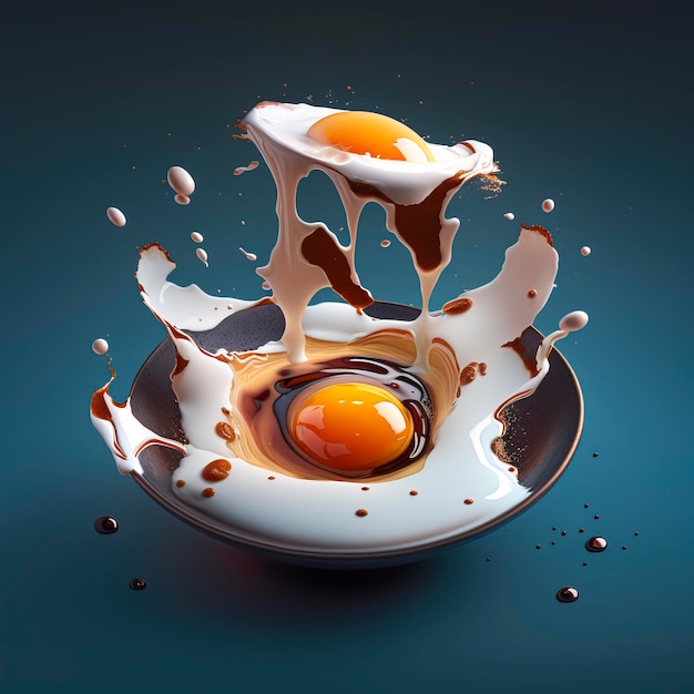 Eggs exploding over glass bowl healthy eating concept created with Generative AI technology