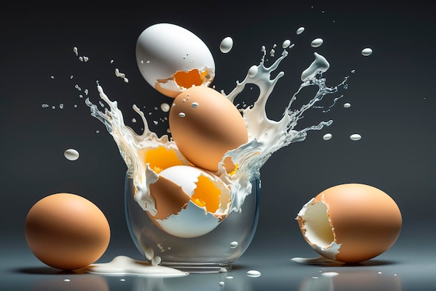 Eggs exploding over glass bowl healthy eating concept created with Generative AI technology