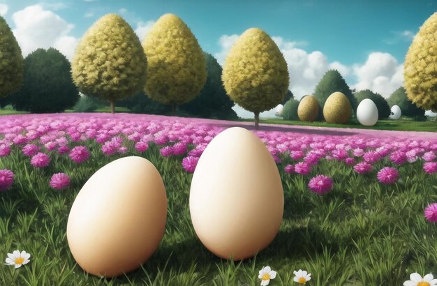 Eggs in farm Landscape background Easter Eggs hunt concept Fresh organic raw eggs AI Generated