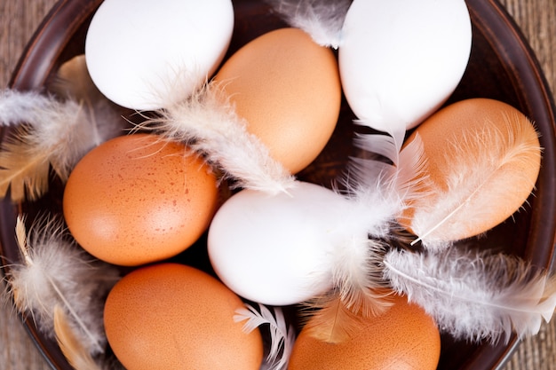 Eggs and feathers in a plate