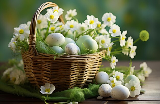 eggs and flowers in a basket