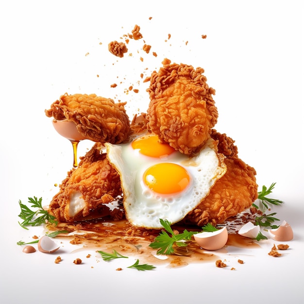 Eggs and fried chicken on white background