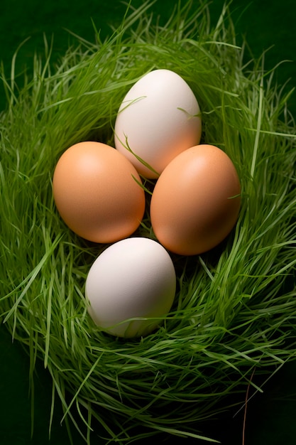 Photo eggs on green grass from grassfed birds generative ai food