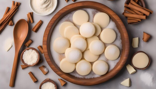 写真 eggs in a bowl with a wooden bowl with flour and flour