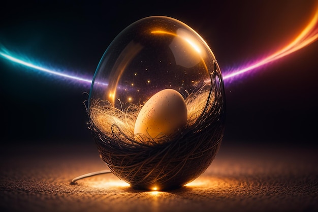 Eggs inside a glass ball on the desktop under natural light closeup creative wallpaper background