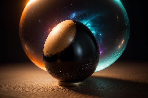 自然の光の下でデスクトップ上のガラスのボールの中の卵 クリエイティブな壁紙の背景