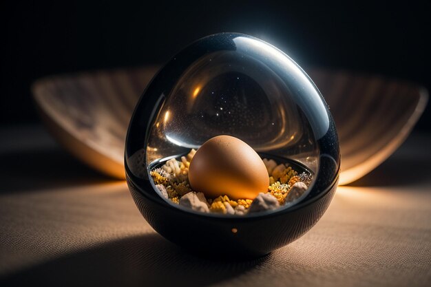 Photo eggs inside a glass ball on the desktop under natural light closeup creative wallpaper background