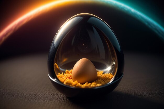 Eggs inside a glass ball on the desktop under natural light closeup creative wallpaper background