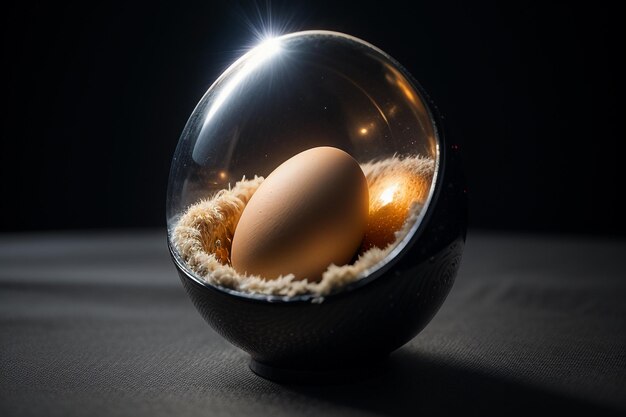 Eggs inside a glass ball on the desktop under natural light closeup creative wallpaper background