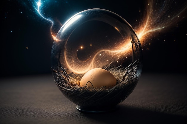 Eggs inside a glass ball on the desktop under natural light closeup creative wallpaper background