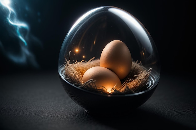 Eggs inside a glass ball on the desktop under natural light closeup creative wallpaper background