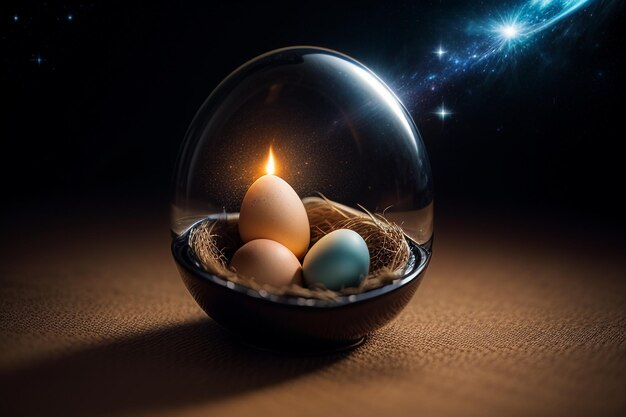 Eggs inside a glass ball on the desktop under natural light closeup creative wallpaper background