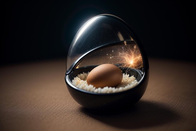 Eggs inside a glass ball on the desktop under natural light closeup creative wallpaper background