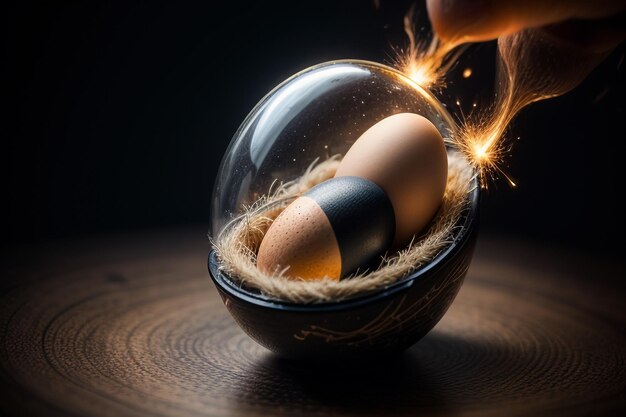 Eggs inside a glass ball on the desktop under natural light closeup creative wallpaper background