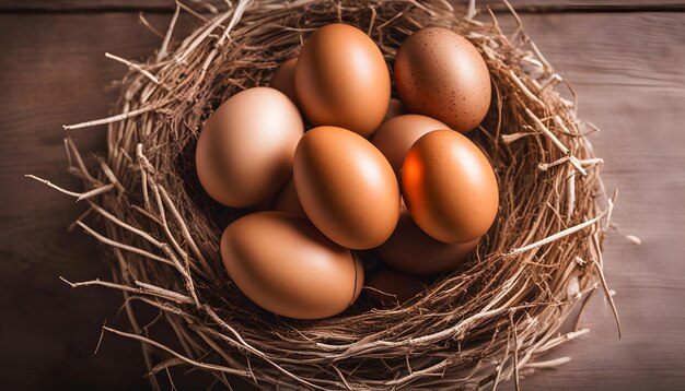 eggs in a nest with straw on a wooden background