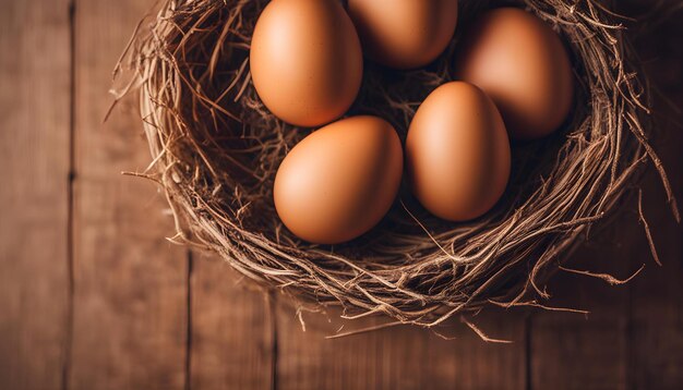 Photo eggs in a nest on a wooden table