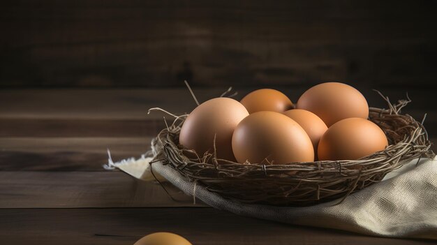 Eggs in a nest on a wooden table