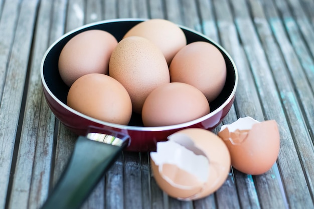 Eggs on an old wood floor.