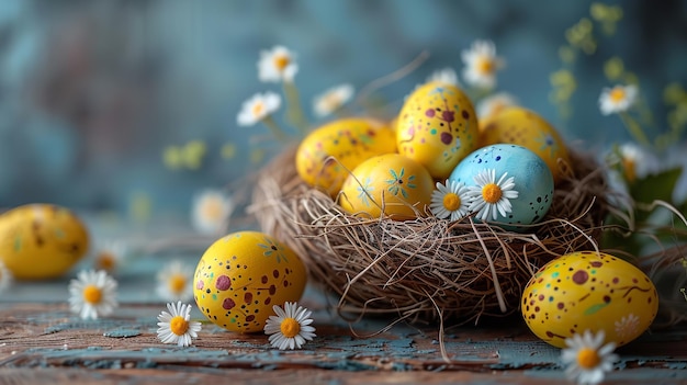 Eggs painted with flowers and an Easter banner Generative Ai