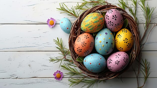 Eggs painted with flowers and an Easter banner Generative Ai