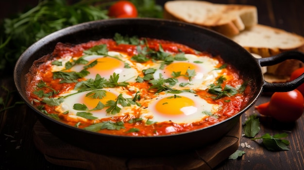 eggs in a pan with tomato sauce and bread on a table generative ai