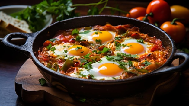 eggs in a pan with tomatoes and bread on a table generative ai