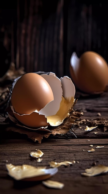 Eggs in a shell on a wooden table