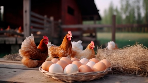 Eggs on the table table in front of a field of chickens Generative AI