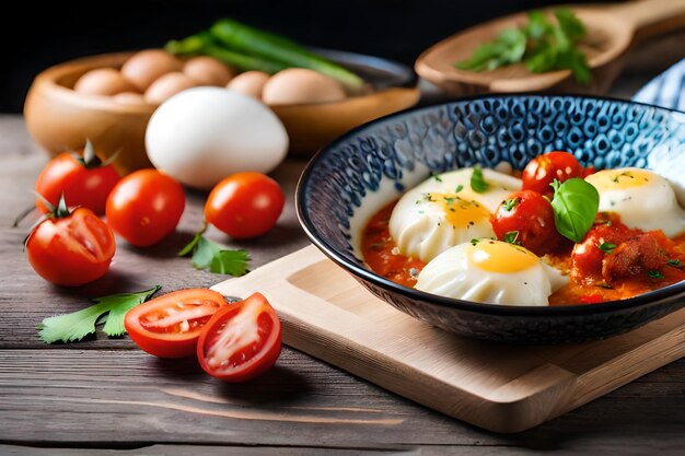 Eggs and tomatoes on a wooden table