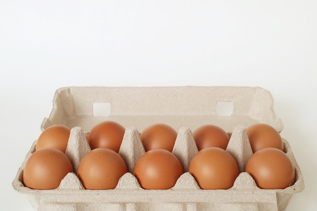 Eggs in tray on white background.                             