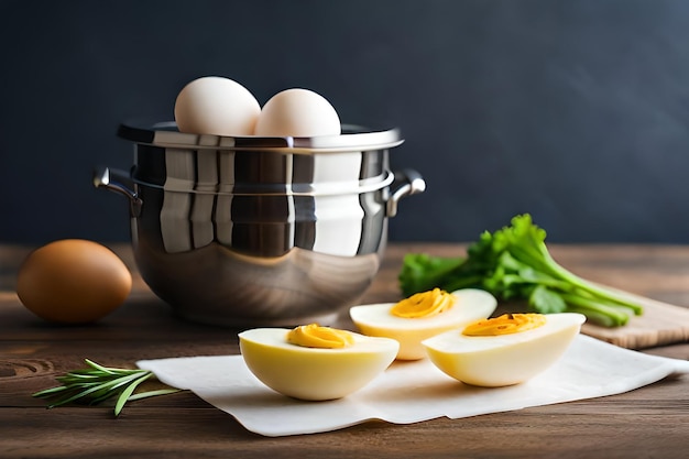 eggs and vegetables on a table with a bowl of eggs.