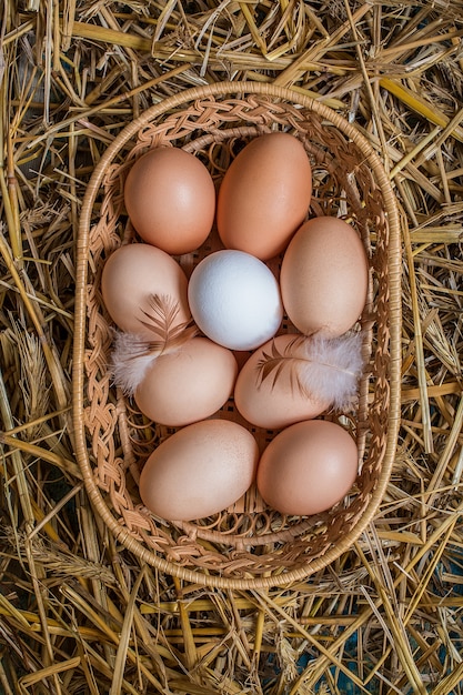 Eggs in wicker basket on table close-up